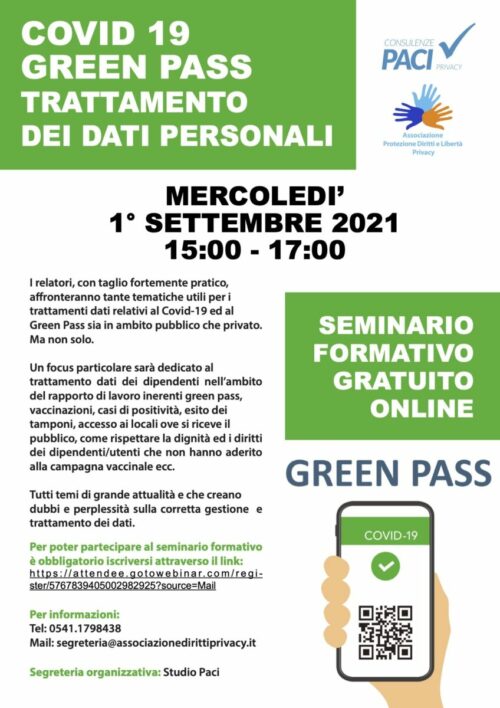 Green Pass a prova di privacy. Mercoledì 1° Settembre seminario formativo gratuito!